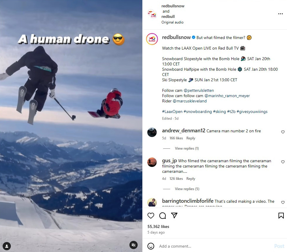 Red Bull microblog with a Reel showing a high-thrill sports clips of someone skiing