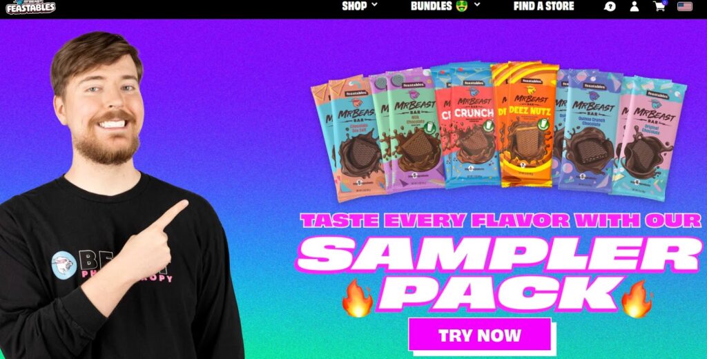 Mr. Beast landing page with chocolate bar sample pack offer
