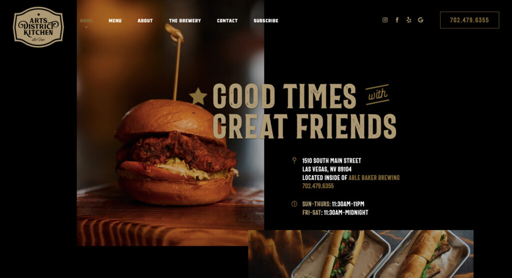 Single page website example from Arts District Kitchen