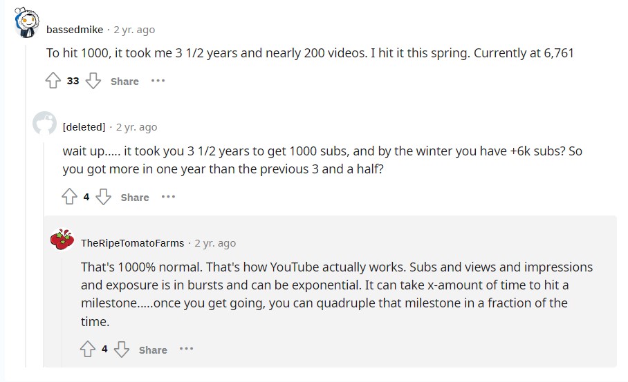 Reddit post where YouTuber bassedmke talks about how it took him 3 1/2 years to reach 1,000 subscribers