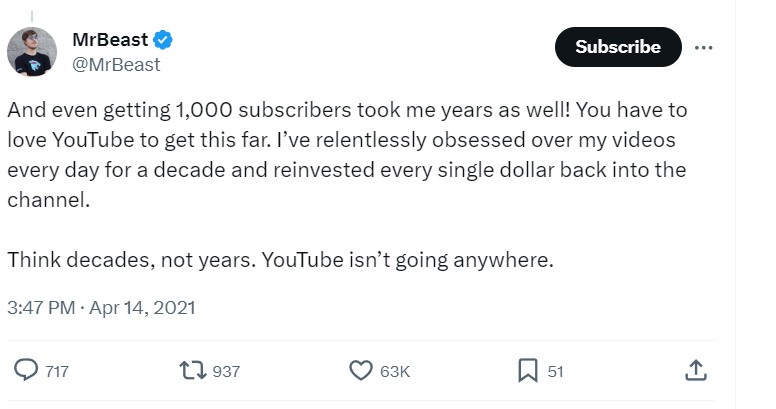 Post where MrBeast talks about it taking years for him to get his first 1,000 YouTube subscribers