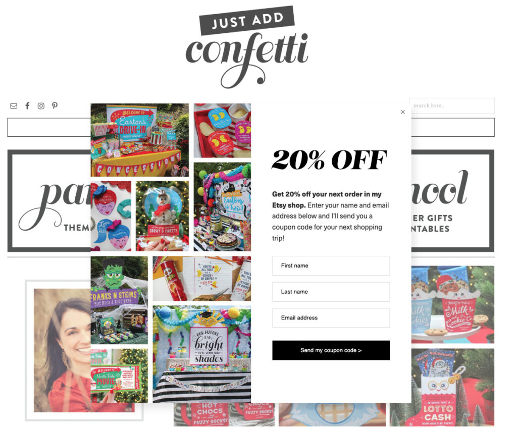 Pop up for to sign up for email newsletter on Just Add Confetti's website
