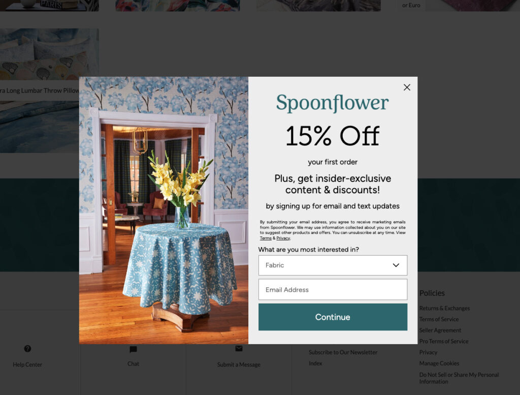 Collect email addresses for Etsy shop with popup form on Spoonflower's website
