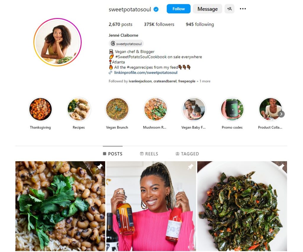 example, vegan chef and food blogger Jenne Claiborne on Instagram