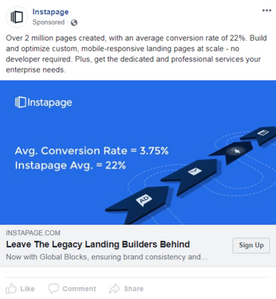 Example of a Facebook lead ad from Instapage that shows text appearing as an overlay on the ad itself
