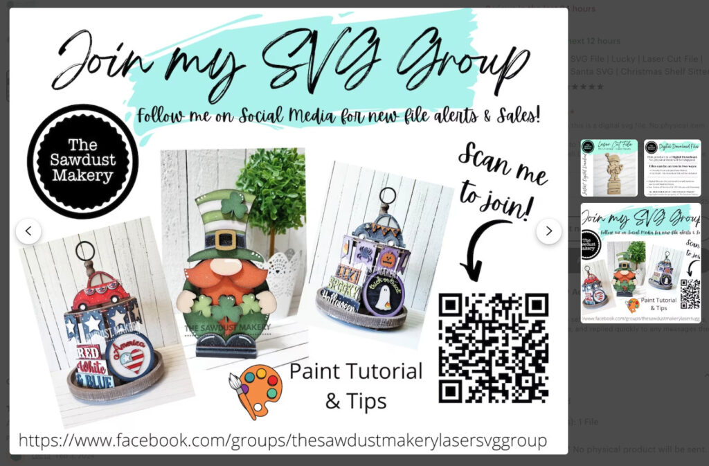 Photo in Etsy product listing showing QR code to sign up for The Sawdust Makery's Facebook community