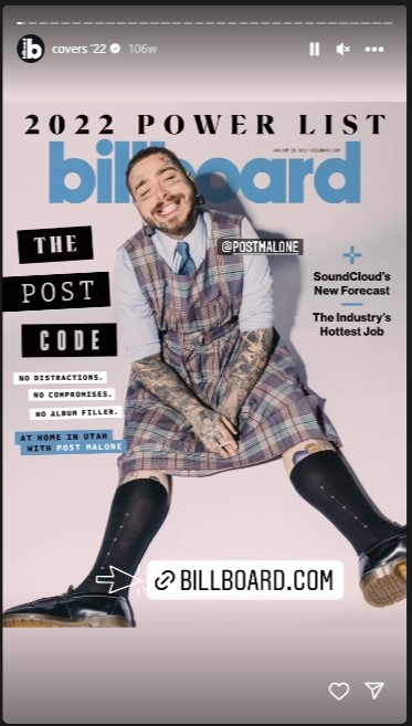 Example of Billboard often includes mention tags and other interactive elements in its Instagram Stories with Post Malone