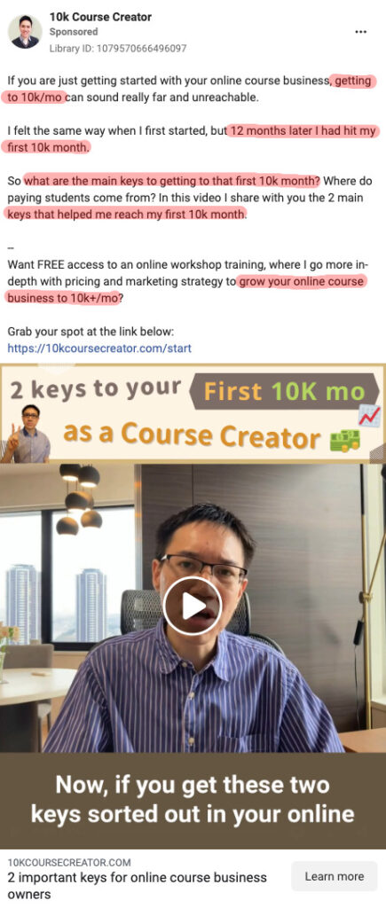 Facebook ad from company 10k Course Creator
