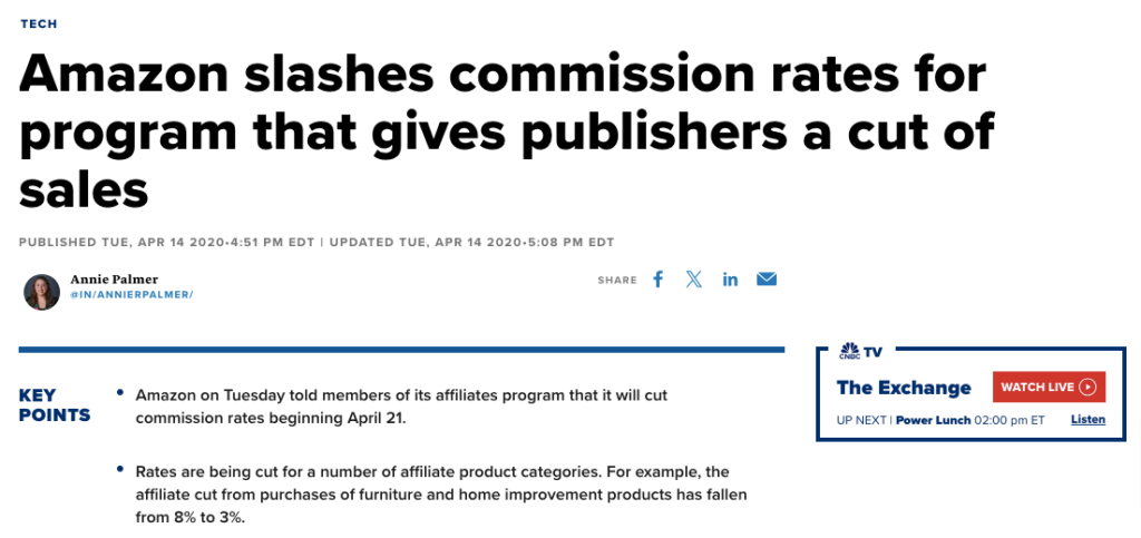 News article mentioning that Amazon slashed commission rates for their affiliate program