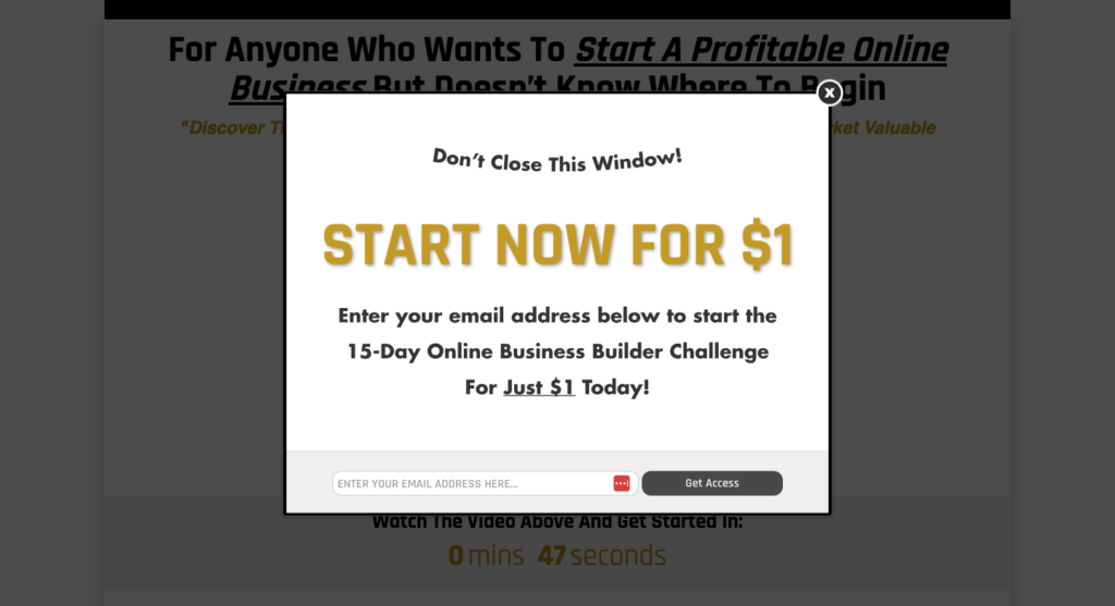 Pop up form on Legendary Marketer's website promoting course for $1