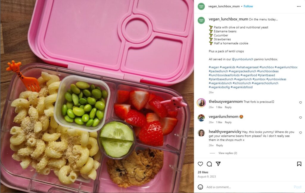 Vegan_Lunch_Mom Instagram post which specializes in vegan lunches for kids. 