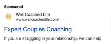 Life coaching business Well Coached Life's Google Ad