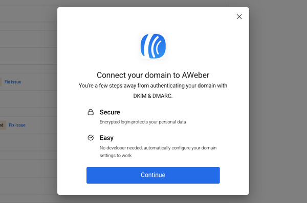 Screen shot showing "connect your domain to AWeber" 