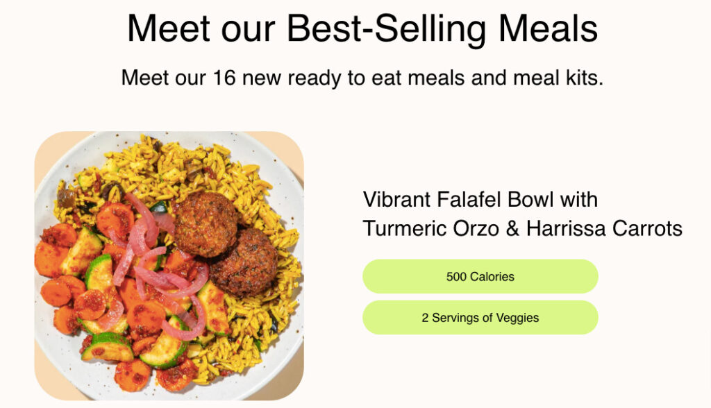 A section on Purple Carrot's landing page that highlights "Meet our Best-Selling Meals"