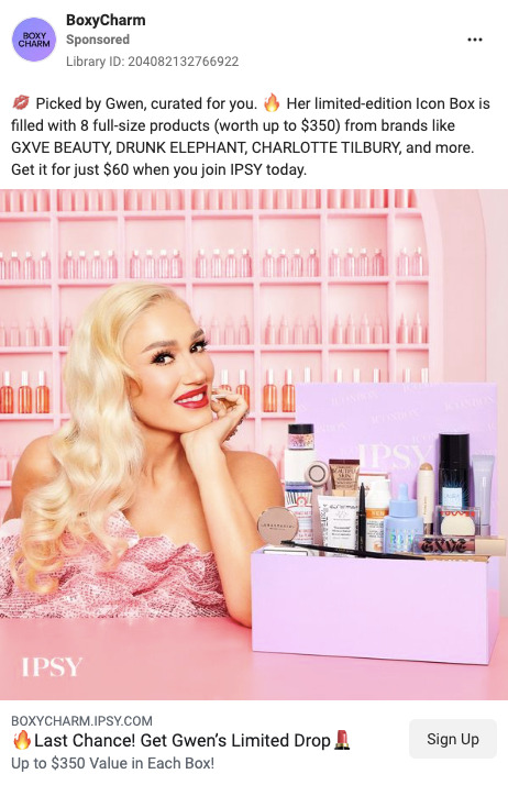 BoxyCharm Facebook ad featuring Gwen Stephani