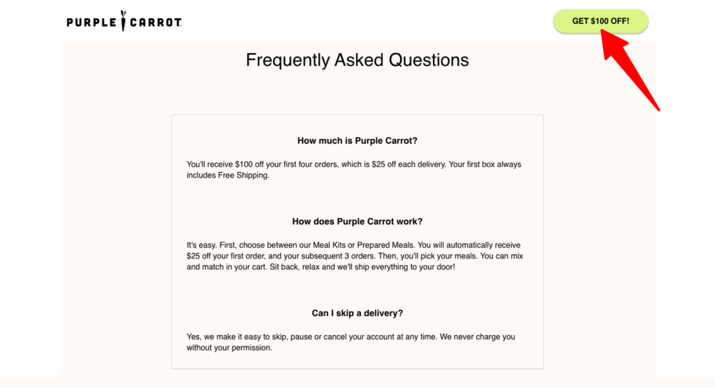 FAQ section on Purple Carrot's landing page