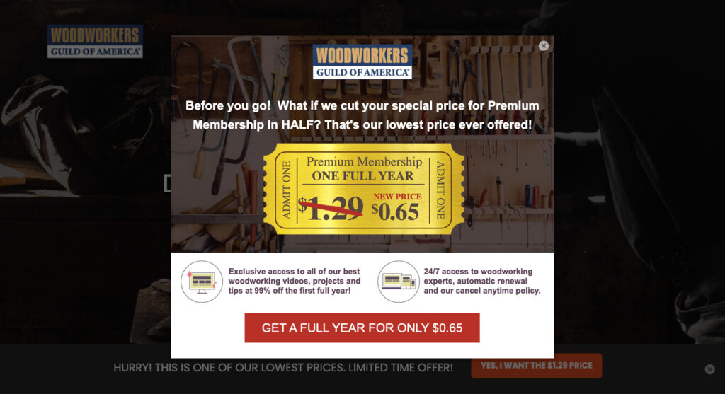 WoodWorkers Guild of America exit intent popup on their landing page