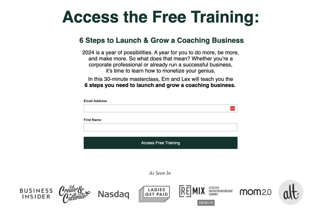 Landing page for "6 steps to launch & grow a coaching business" lead magnet