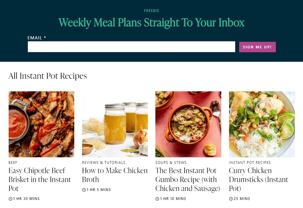 Example from FedandFit food and fitness blog encourages visitors to subscribe to its blog by including a subscription form at the top of its category pages