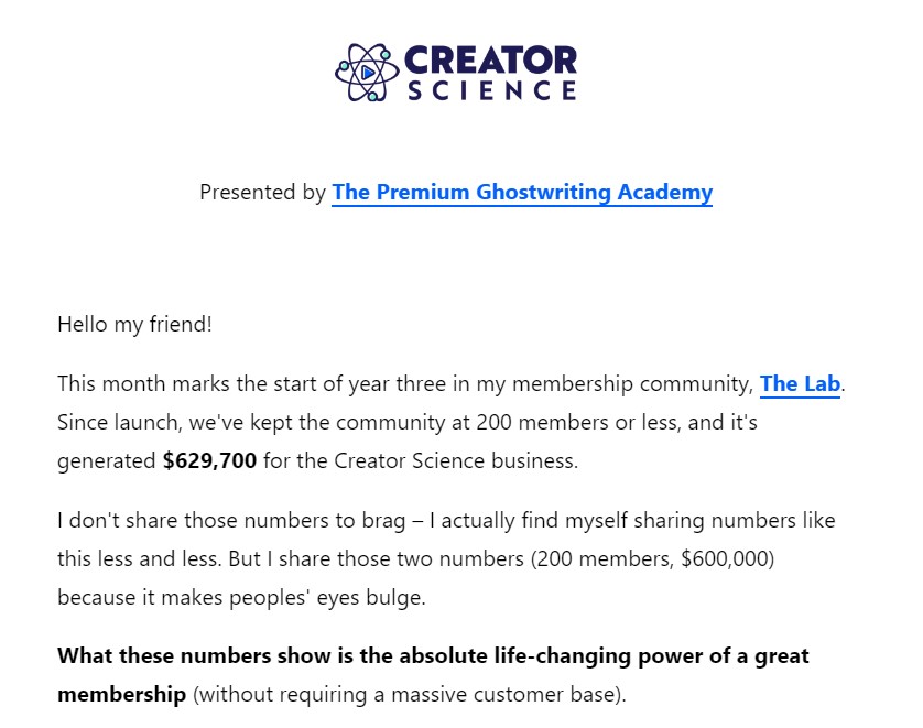 Creator Science newsletter example