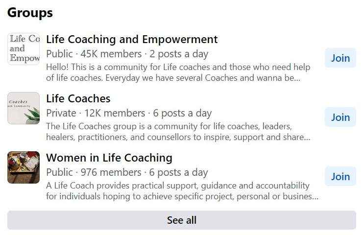 Listing for Coaching Facebook community groups