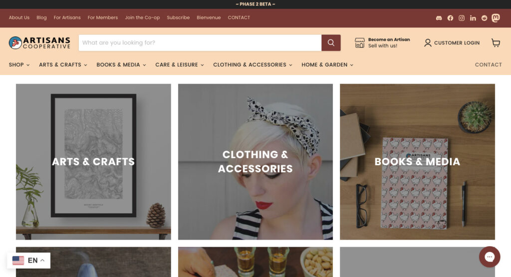 Screen shot of Artisans Cooperative's home page