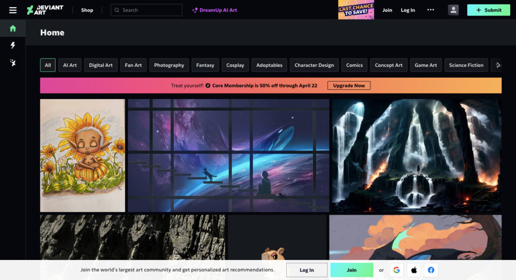 Screen shot of DeviantArt's home page