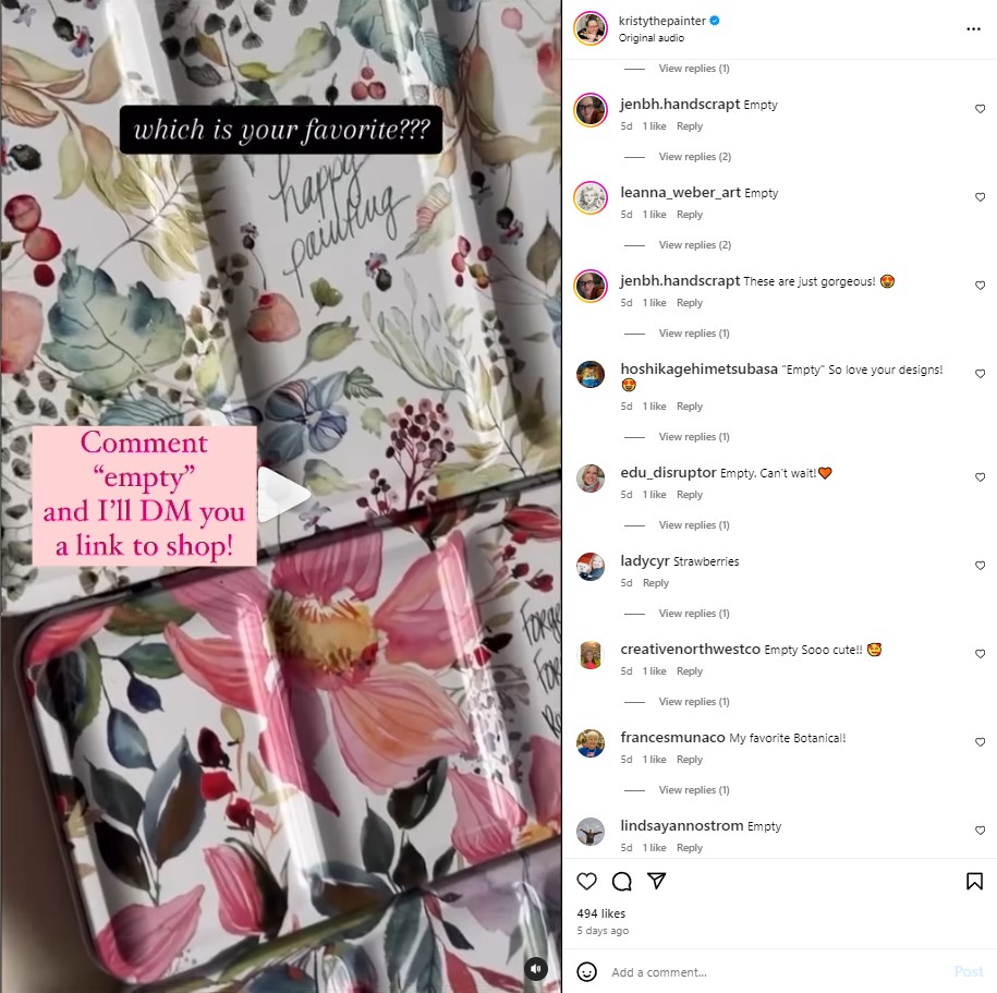 Kristy Rice uses text overlays to turn Instagram Reels videos into interactive content. “Comment ‘empty’ and I’ll DM you a link to shop!”