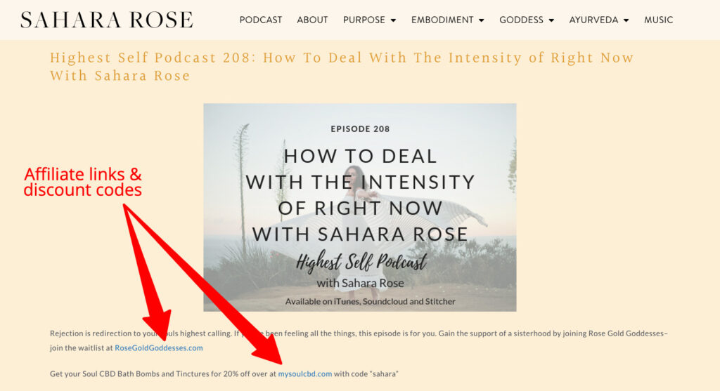 Sahara Rose's home page with affiliate links and discount codes