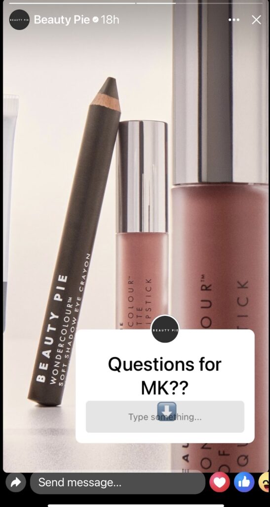 Social media post by Beauty Pie where they're asking a question "Questions for MK??"