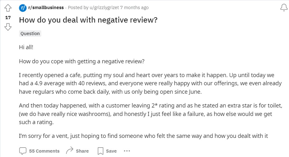 Reddit user grizzlygrizet posting about a negative review they received