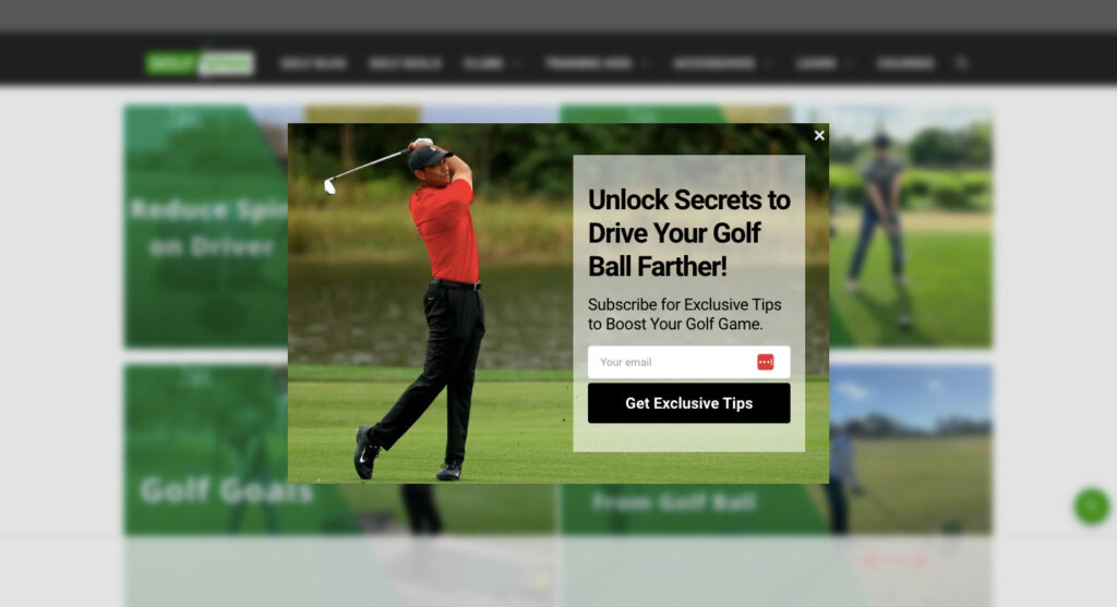 Pop up email sign up form on Golf Span's website