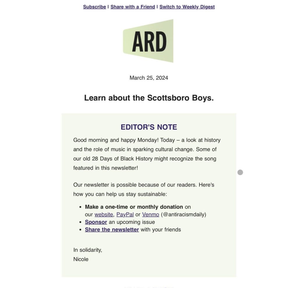 ARD (Anti-Racism Daily) newsletter includes a donation, sponsor, and referral link in every newsletter