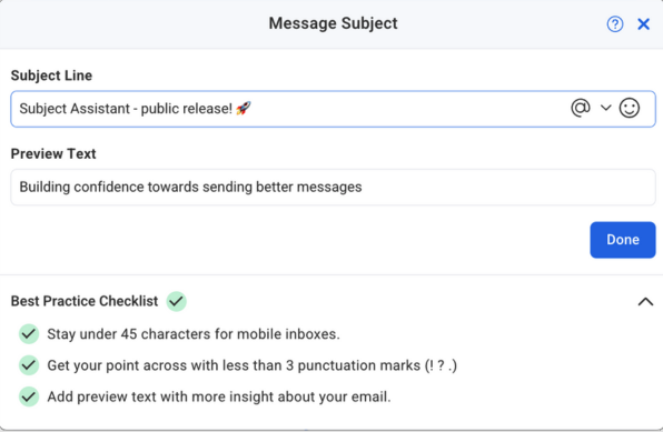 Screen shot of AWeber's Subject Line Assistant feature
