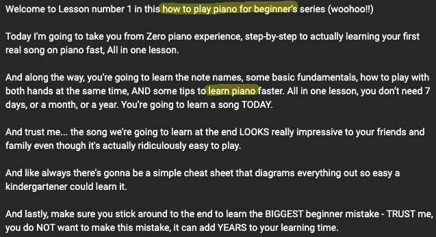 Example of a YouTube video description, but the core keyword "piano lessons for beginners" appearing in first sentence