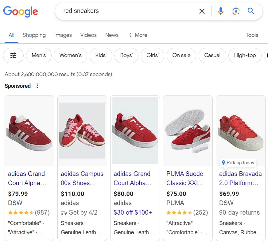Screen shot of Google search for Red Sneakers