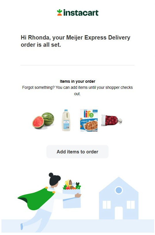 Purchase follow-up email example from Instacart