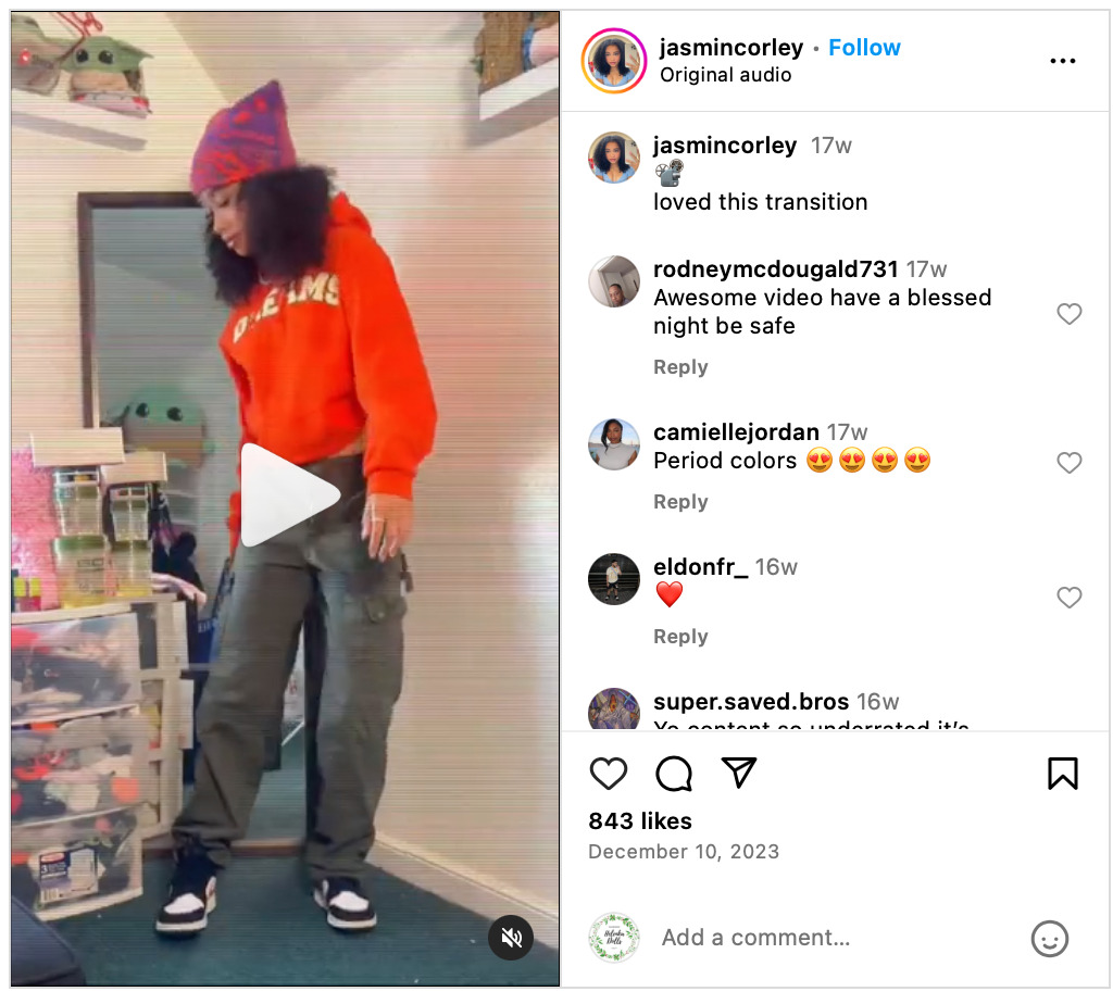 Jasmin Corley Instagram post using video