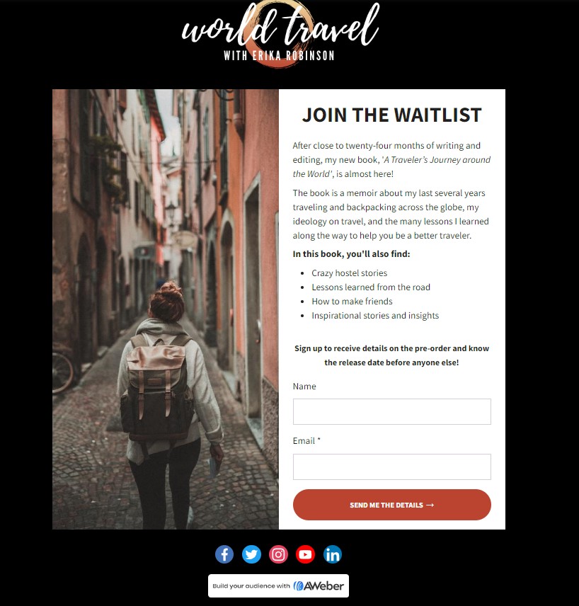 Landing page template example from AWeber