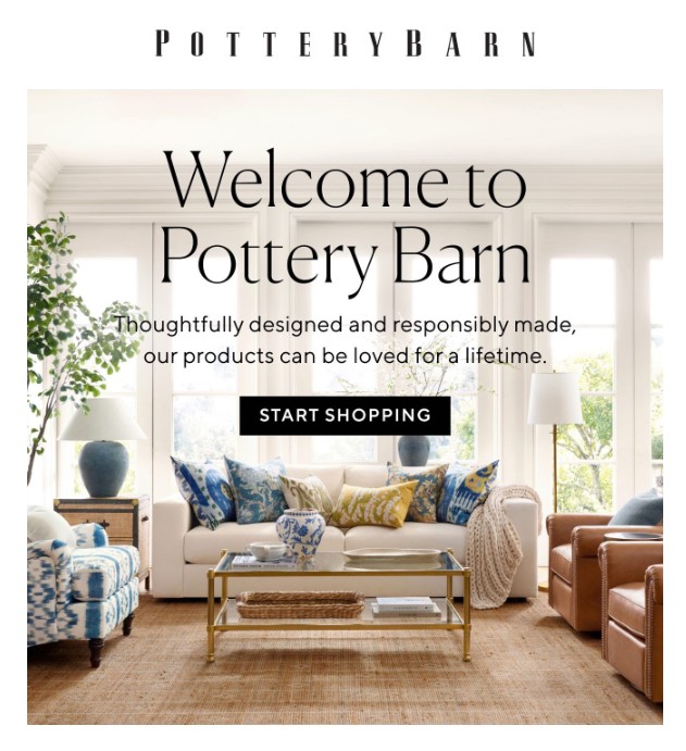 Welcome email example from Pottery Barn