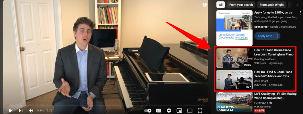 YouTube video example showing similar videos when searching for "skype piano lessons"