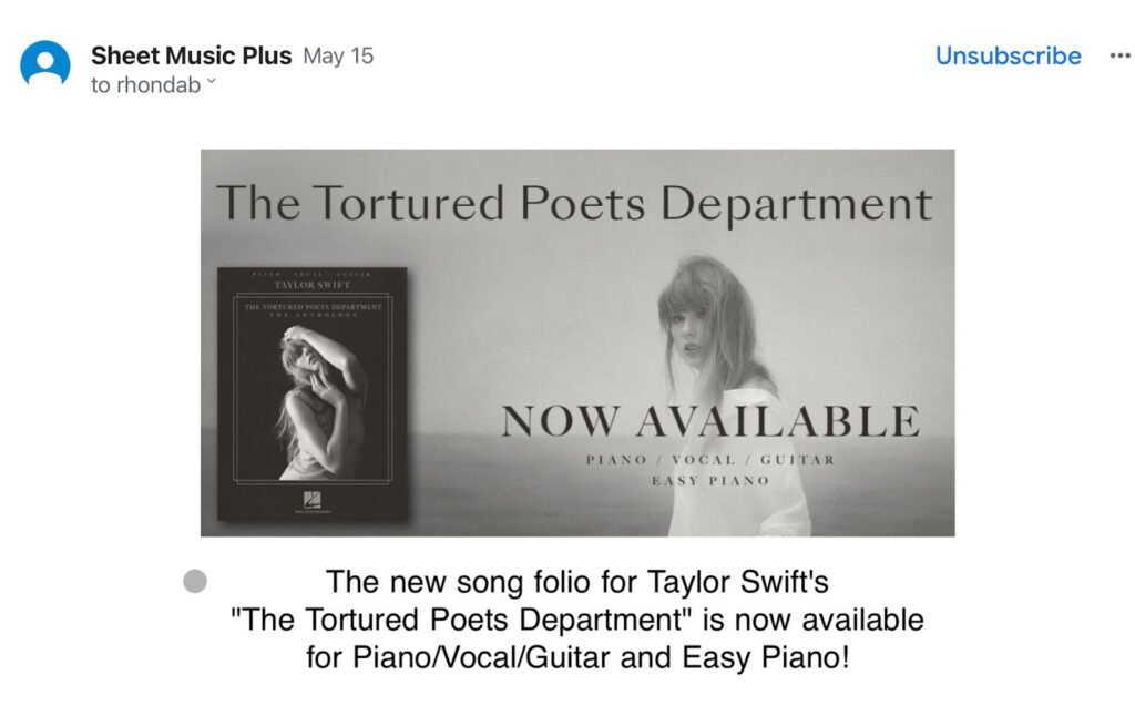 Email example from Sheet Music Plus that used email tagging for marketing to send me an email based on previous interest