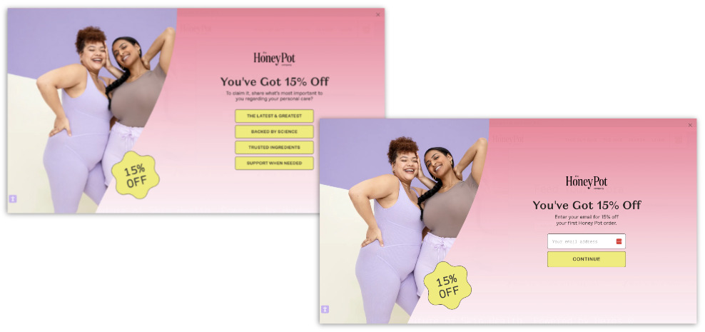 Example of a pop up CTA on Honey Pot's website offering a 15% discount in exchange for signing up for their email list