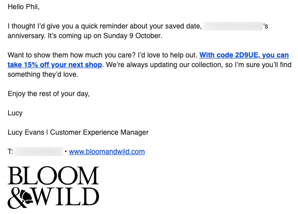 Retention email example from Bloom & Wild