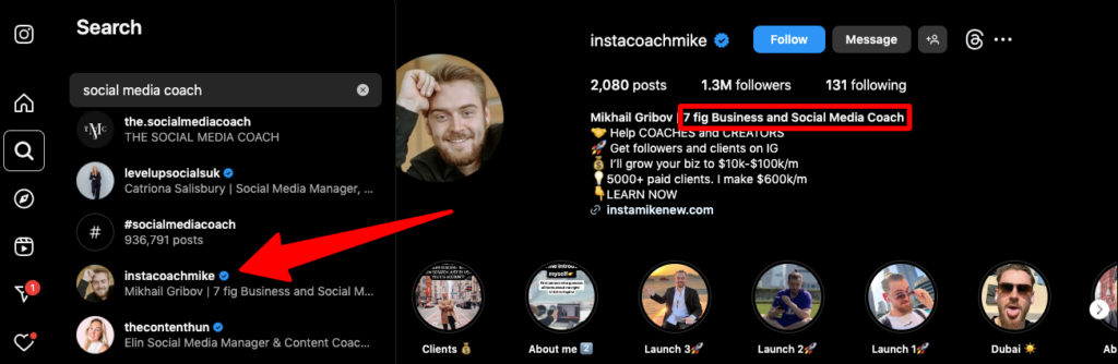 Search in Instagram for "social media coach" showing Mikhail Gribov (AKA Insta Coach Mike) as one of the top profiles