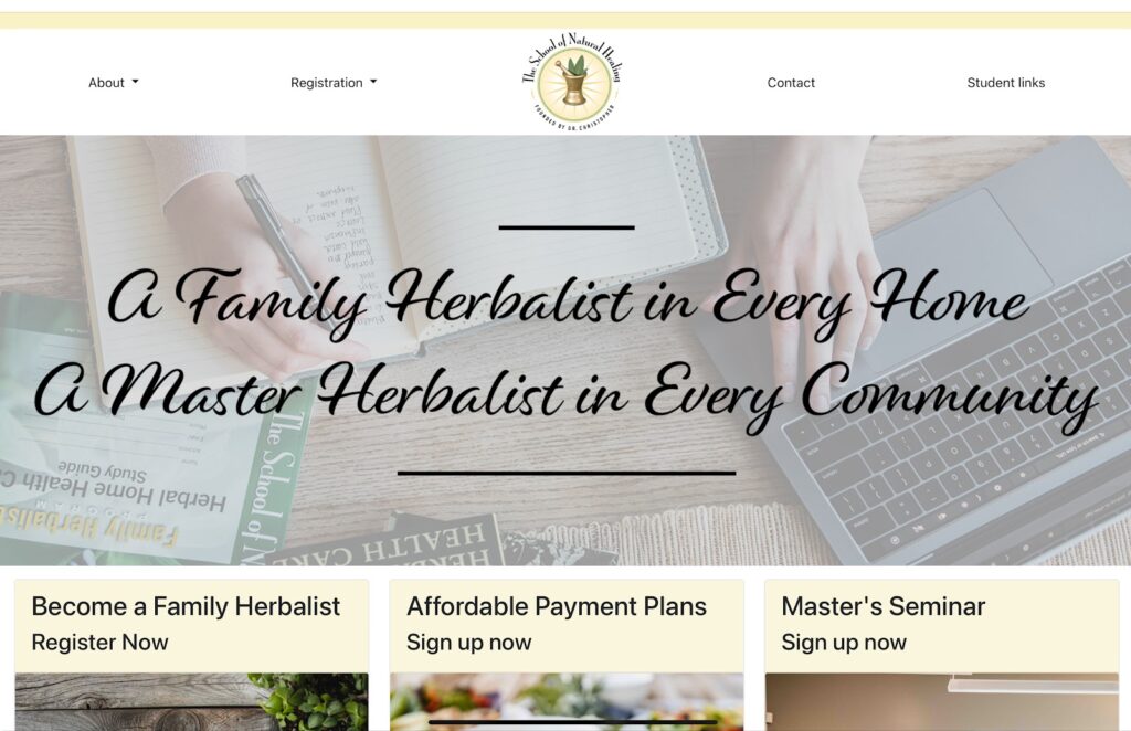Website home page for School of Natural Healing