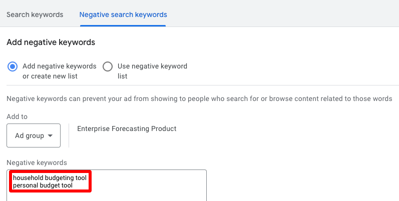 Adding negative keywords to ppc campaign in Google ads