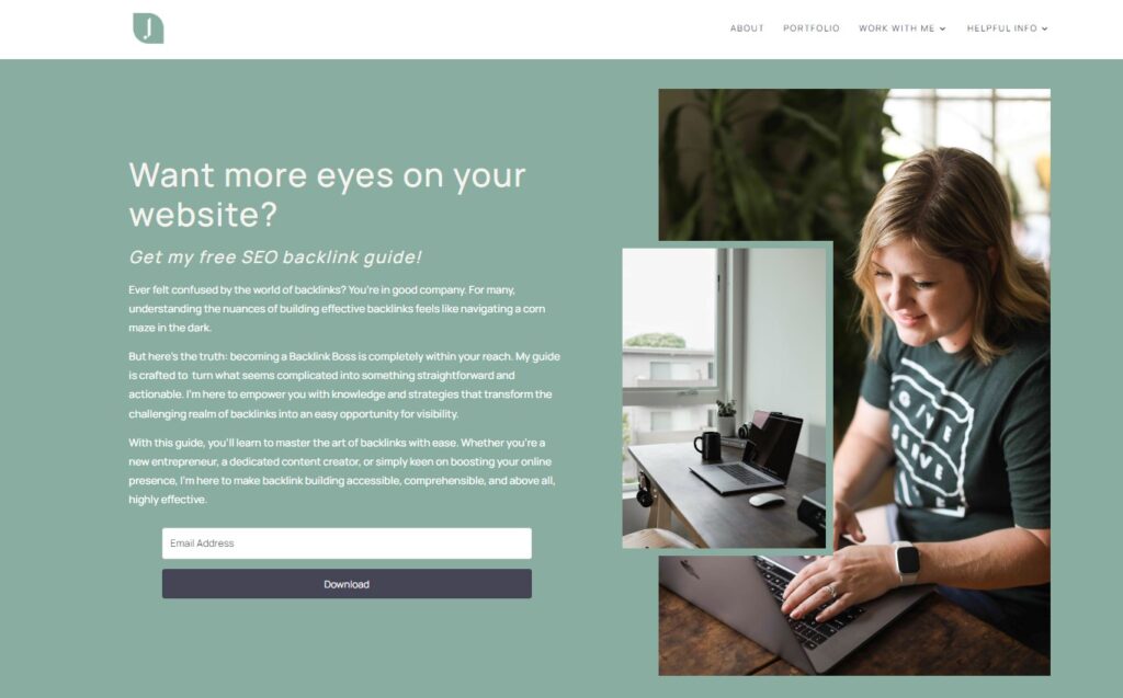 Jess Creatives using a dedicated URL on its website to host a lead-generation landing page