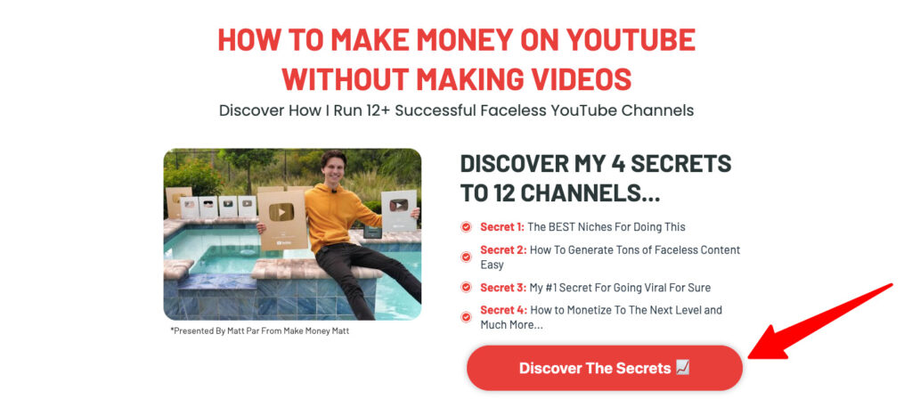 Make Money Matt's Lead magnet landing page for making money on YouTube