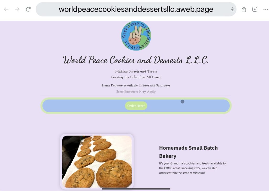 Landing page from World Peace Cookies and Desserts
